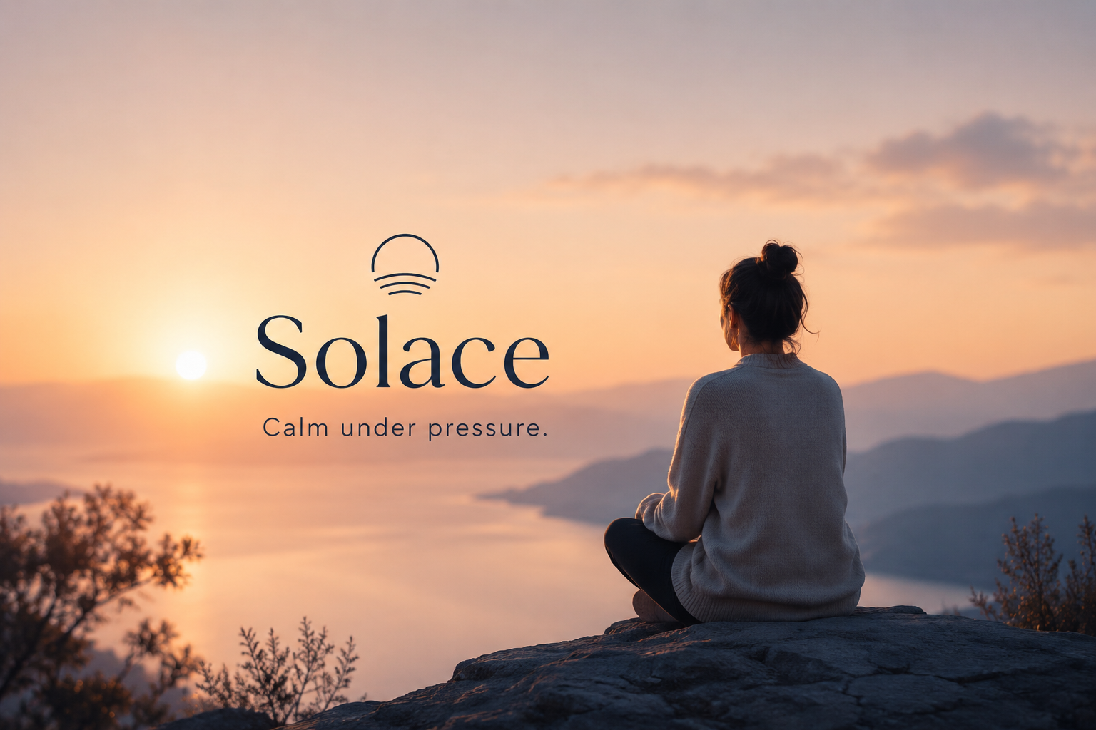 Solace — a person sitting calmly at sunrise overlooking still water, with the Solace wordmark